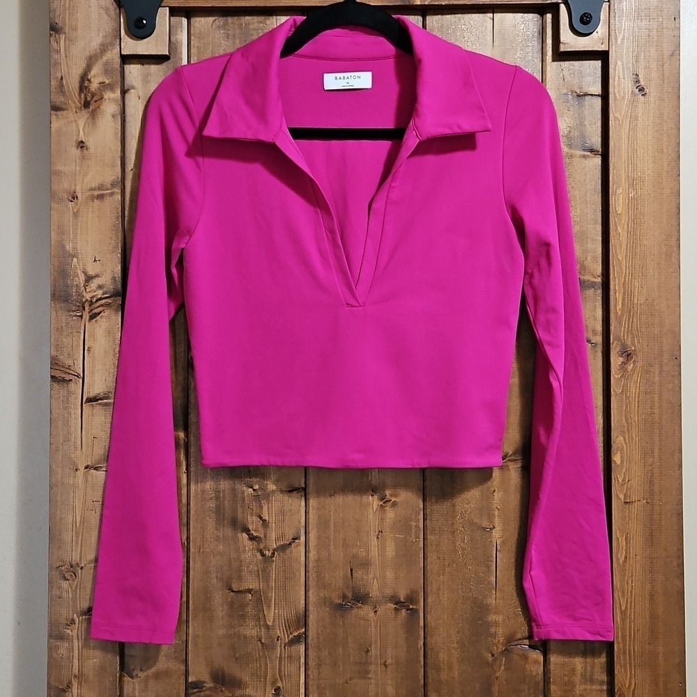 Aritzia Babaton Pink Contour Cropped Polo Top Medium